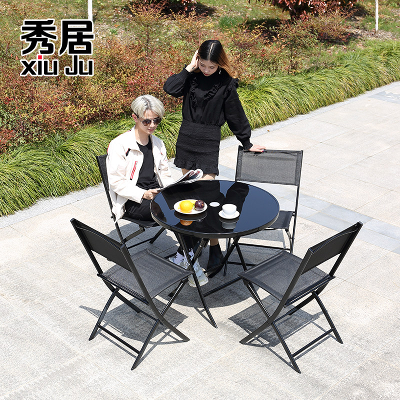 Open-air with umbrella outdoor tables and chairs combined folding courtyard balcony garden portable three or five pieces of leisure iron table