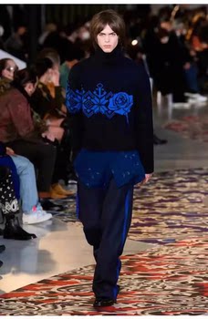 Men's cashmere sweater 100 pure wool round neck dark blue flower jacquard thickened knitted sweater for men in autumn and winter