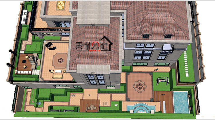 sketchup欧式独栋别墅会所洋房私家庭院花园样板区景观设计SU模型 第26张