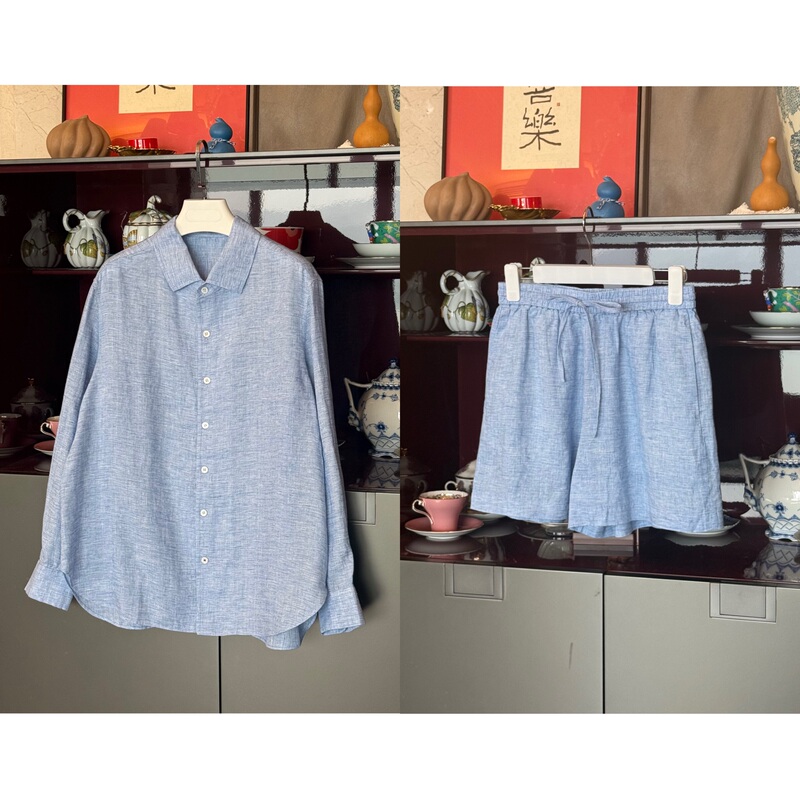 《Summer》Myl 2026 Summer Soft Linen Shirt and Shorts Set Light Blue Single-Breasted Shirt with Shorts
