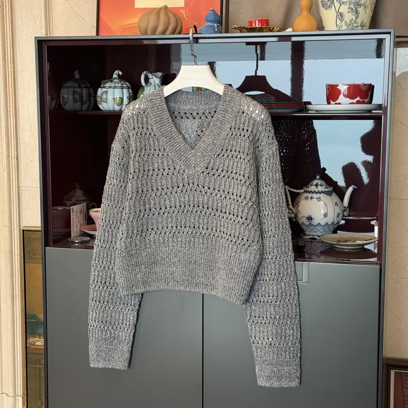 Myl 2026 Spring and Summer New Gray Blue Linen Cut-Out Knit Sweater V-Neck Long-Sleeved Pullover Loose Knit Top