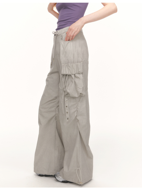 Bill Boom Hot Girl Loose Multi-Pocket Bow Tie Straight-Leg Jogger Casual Pants Paratrooper Cargo Pants for Women