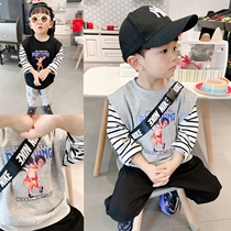 Boy 2021 spring wool ring cotton long sleeve sweater T-shirt children baby spring and autumn cotton fake two cartoon top