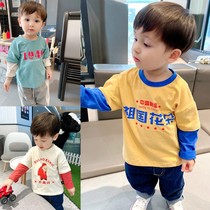 National tide Wind ~ soft glutinous combed cotton boy fake two long sleeve T-shirt 2021 autumn baby Foreign style top base shirt