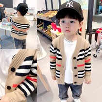 Small and medium-sized childrens foreign knitted cardigan spring and autumn childrens clothing boys and girls baby Korean shirt striped sweater coat tide