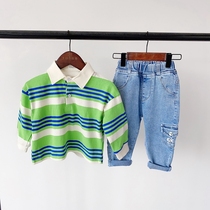 Baby autumn lapel striped T-shirt Boys in childrens spring and autumn color long-sleeved top POLO shirt base shirt tide