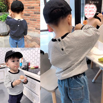 Baby spring and autumn back buckle striped T-shirt Boy children Korean version loose top Pure cotton thin long-sleeved base shirt tide