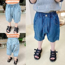 Lightweight and cool boy Tian cotton Harlan denim shorts childrens loose and comfortable big pp pants five-point pants tide
