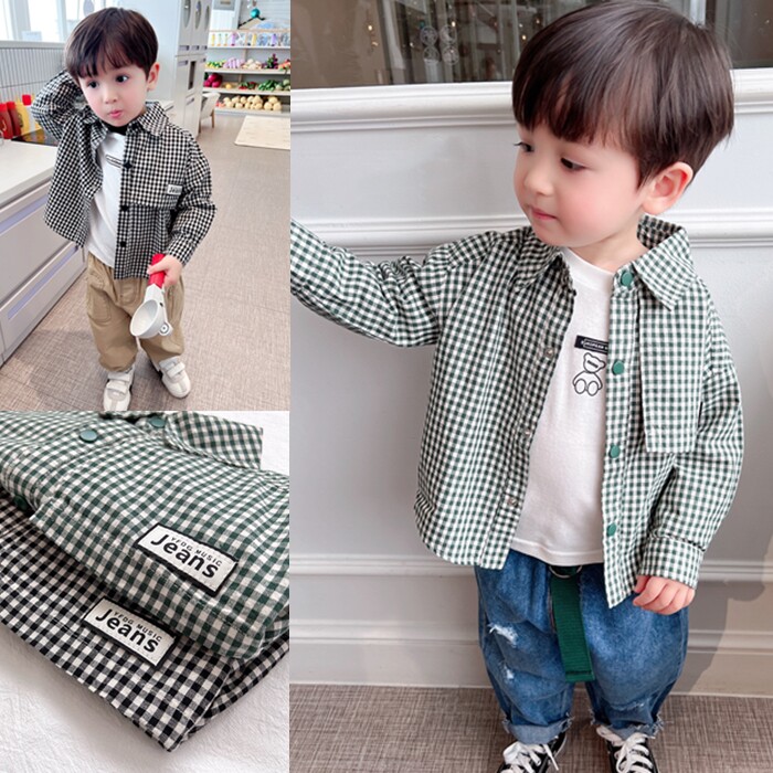 Classic Plaid ~ 2022 Spring Boy Pure Cotton Plaid Shirt Mid-Boy Baby Spring Autumn Foreign Pie Long Sleeve Shirt