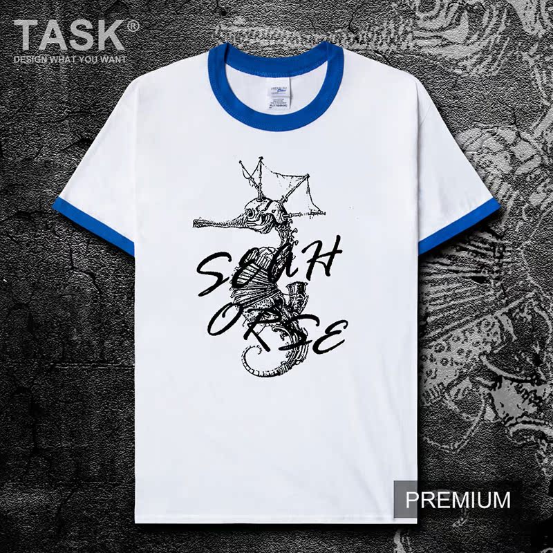 TASK Marine Seahorse Summer gốc lớn Mã bông ngắn tay áo thun nam và nữ Casual Hip-Hop trên 0007