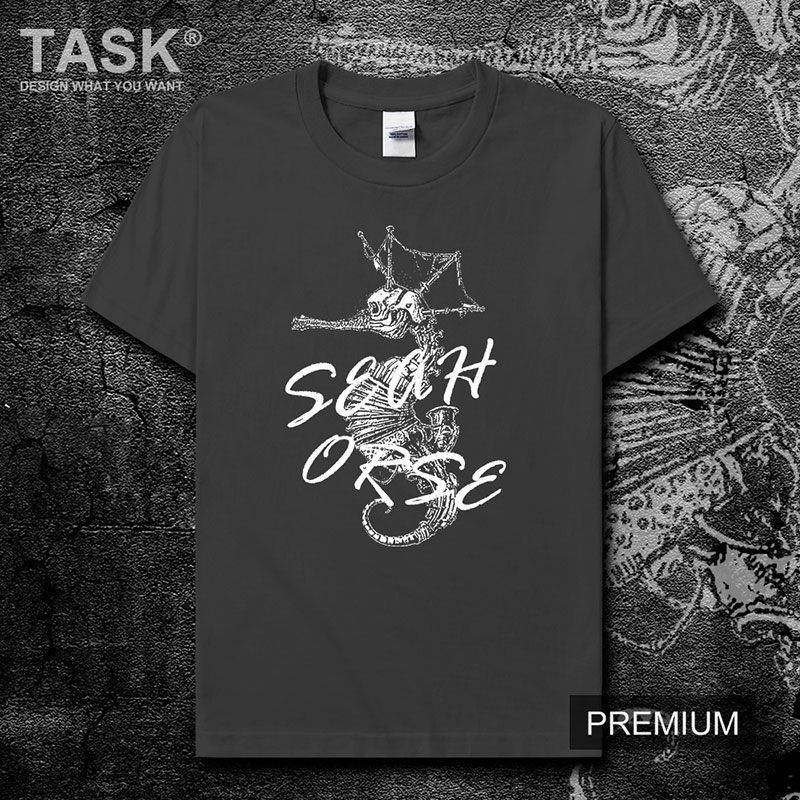 TASK Marine Seahorse Summer gốc lớn Mã bông ngắn tay áo thun nam và nữ Casual Hip-Hop trên 0007