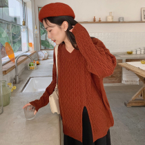 Nalla homemade Pregnant Woman Knit Sweater V Collar Open Fork Retro twist 100 lap outside wearing loose Lazy Blouse