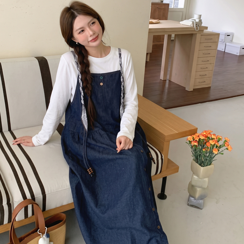 Nala LAOSHU Maternity Denim Suspender Dress 2026 New French Style Loose Fit Covering Belly Not Showing Pregnancy Two-Piece Dress
