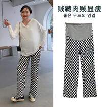 Nalla homemade Pregnant Woman Chessboard Gridiron Pants Spring Dress New Display Slim Casual Straight Drum Pants Loose Black And White Plaid