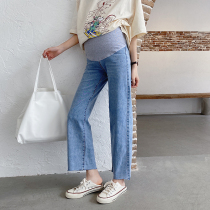 Pregnant women straight jeans 2021 autumn new summer thin chic belly loose high thin nine wide legs
