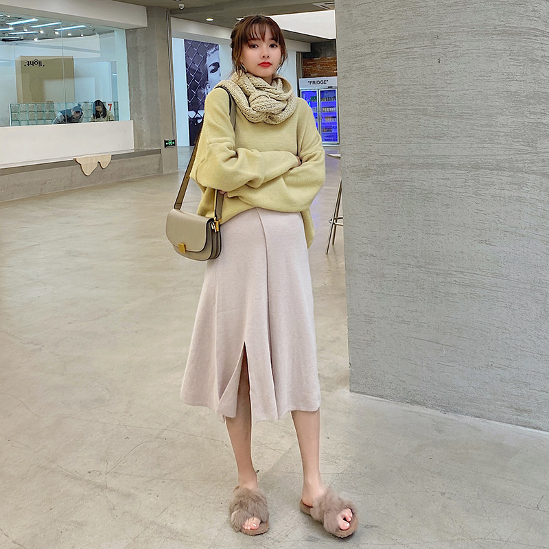 Maternity Autumn/Winter Korean version skirt knit stretch split fashion mid-length solid color chic hip skirt