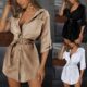 European station 2020 summer new solid color single-breasted lace-up reversed sleeves mid-length shirt shirt cardigan base