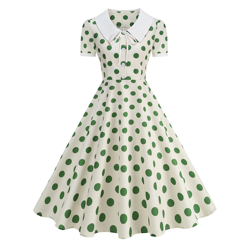 French Retro Sweet Hong Kong Style Vintage Polka Dot Waist-Cinching Short-Sleeved Mid-Length Doll Collar Dress Performance Dance Dress French Retro Sweet Hong Kong Style Vintage Polka Dot Waist-Cinching Short-Sleeved Mid-Length Doll Collar Dress Performance Dance Dress