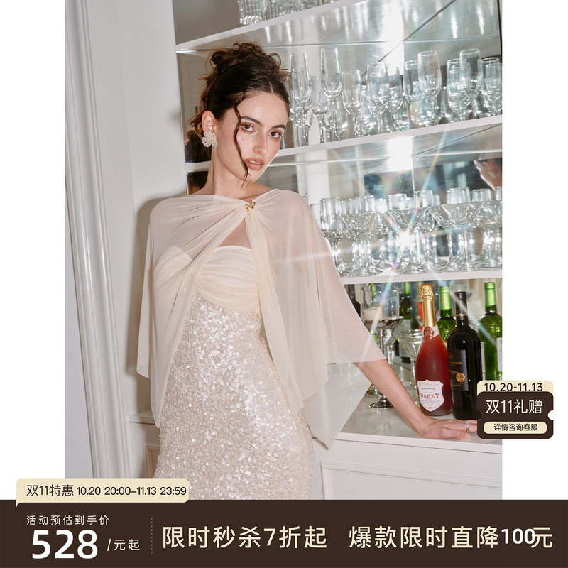 J Thechosen "Golden Yarn Dreaming of Dreams" Sequin Splicing Strapless Shawl Brooch Elegant Dress