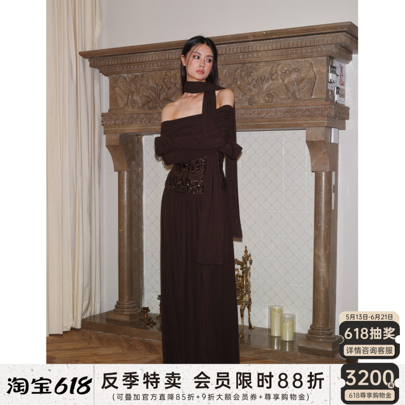 J Thechosen "Twilight Galaxy" One-Shoulder Sequin Long-Sleeve Scarf Two-Piece Dress Long Skirt J Thechosen "Twilight Galaxy" One-Shoulder Sequin Long-Sleeve Scarf Two-Piece Dress Long Skirt