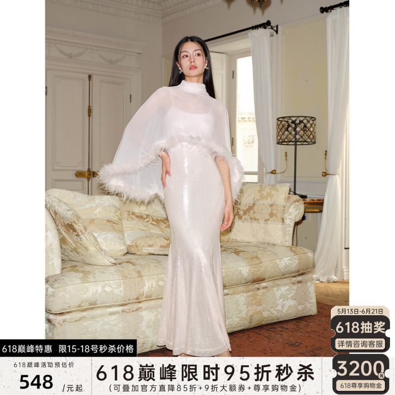J Thechosen "Mansha Pink Amber" Ostrich Feather High-Neck Shawl Pink Sequin Strap Dress Gown J Thechosen "Mansha Pink Amber" Ostrich Feather High-Neck Shawl Pink Sequin Strap Dress Gown