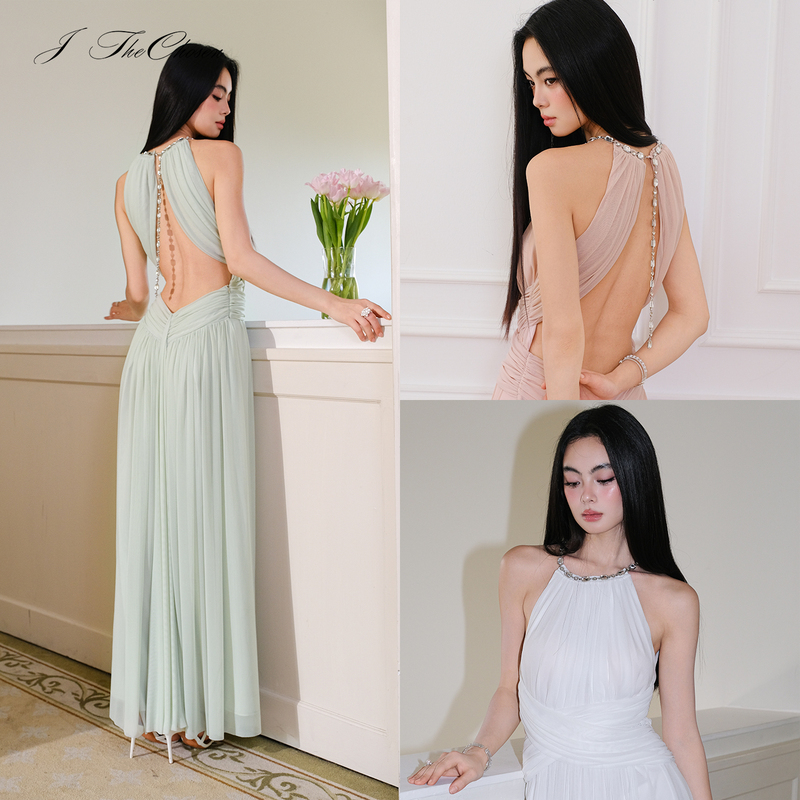J Thechosen “Moonlight Muse” Mesh Ruched Waist Halter Neck Backless Gown Dress Long Dress