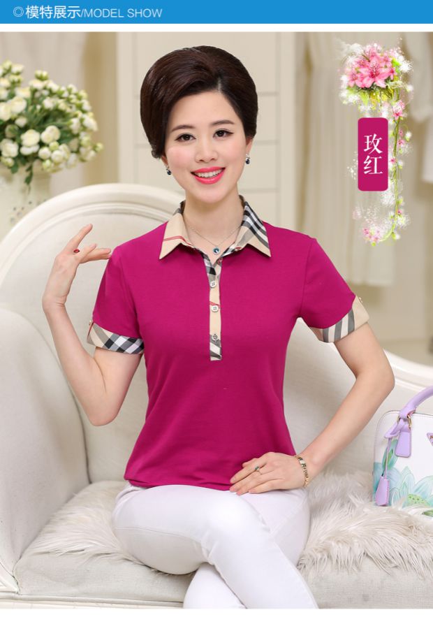 Giải phóng mặt bằng cho phụ nữ trung niên mùa hè Áo thun ngắn tay cho phụ nữ trung niên kẻ sọc cotton cổ áo ngắn - Quần áo của mẹ áo khoác tuổi trung niên