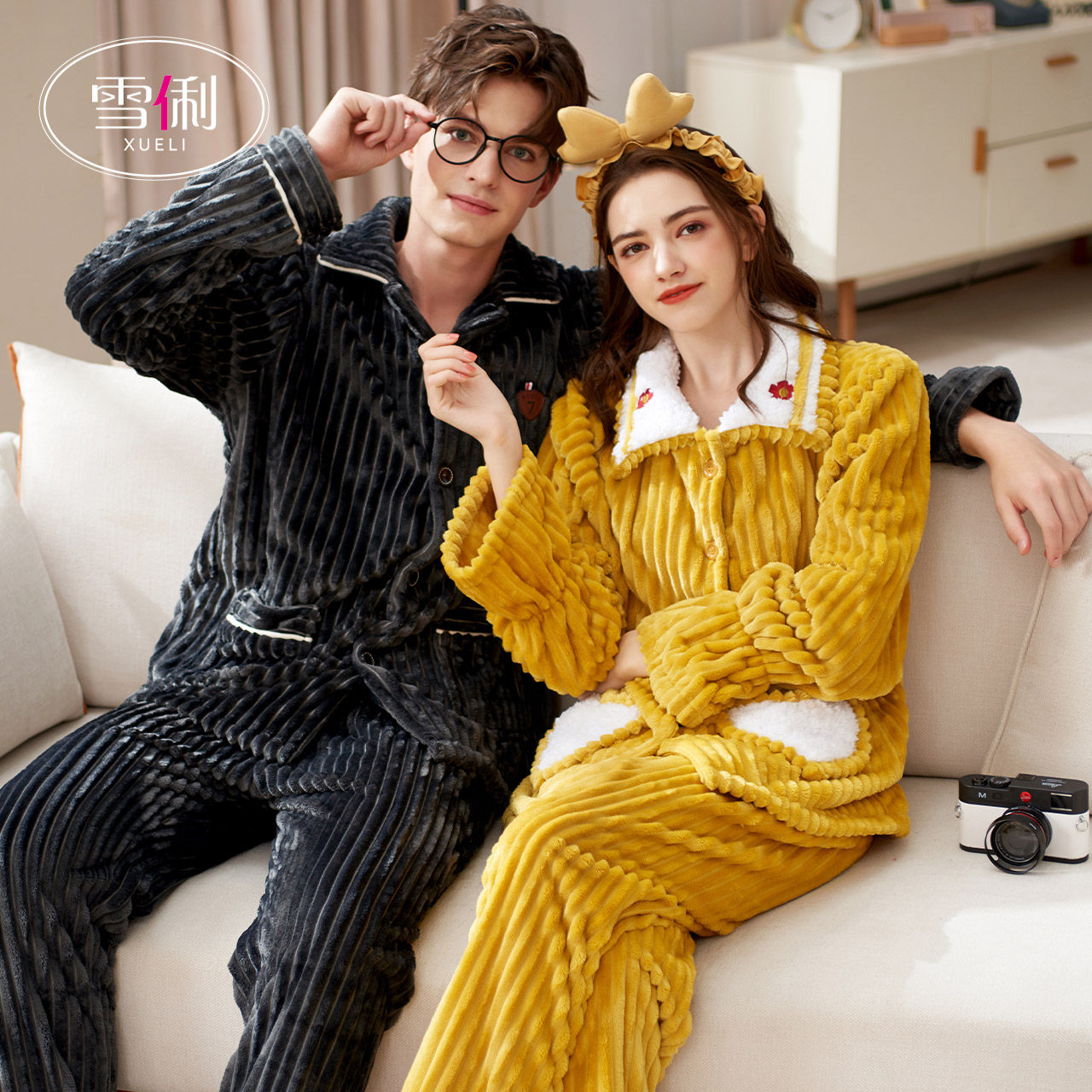 Snow Li couple pajamas winter thick coral velvet women can wear couples men's loungewear autumn and winter suits
