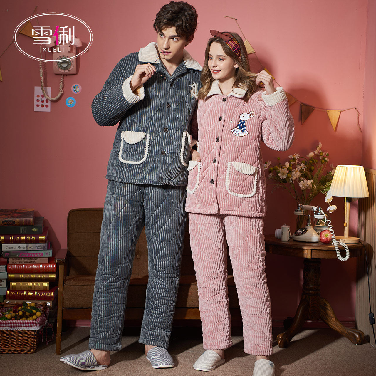 Xueli couple pajamas women's winter three-layer cotton thickened warm coral velvet men's home clothes can be worn outside suit