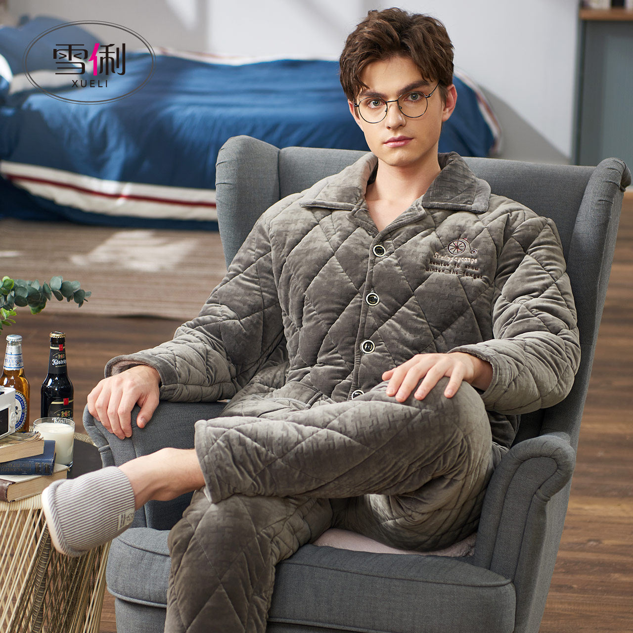 Snow Li men's pajamas autumn and winter coral fleece three-layer cotton pajamas winter thickened flannel home jackets