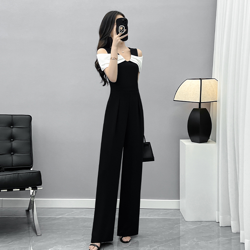 2026 New Summer Black Casual Wide-Leg Pants Off-Shoulder Elegant V-Neck Jumpsuit Set Women's Color-Blocked Jumpsuit