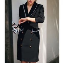  Luxi fashion temperament black suit collar double-breasted OL professional dress female 2021 new