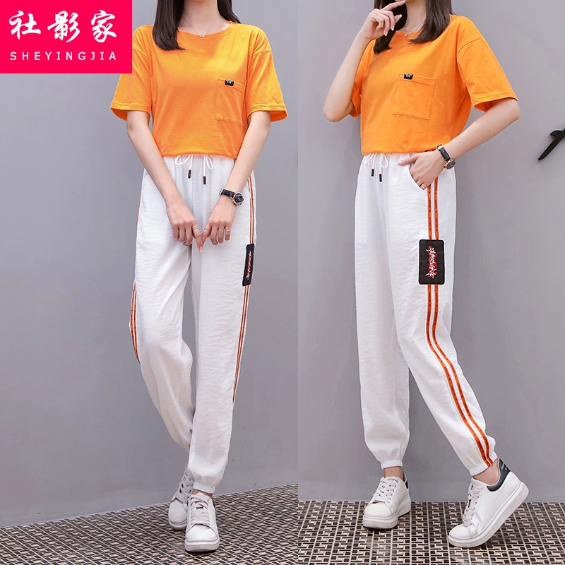 Bộ đồ thể thao ngắn tay nữ học sinh trung học cơ sở 2021 mùa hè mới Hàn Quốc quần áo rộng rãi giản dị bộ đồ hai mảnh - Bộ đồ