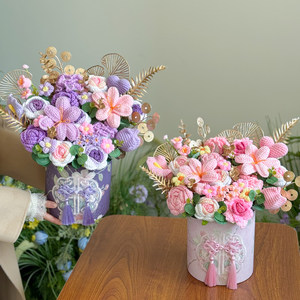 Mother's Day Gift Ideas: Chinese-Style Crocheted Tulip and Rose Yarn Flowers in a Hug Bucket for Girlfriend, Colleague, or Mom