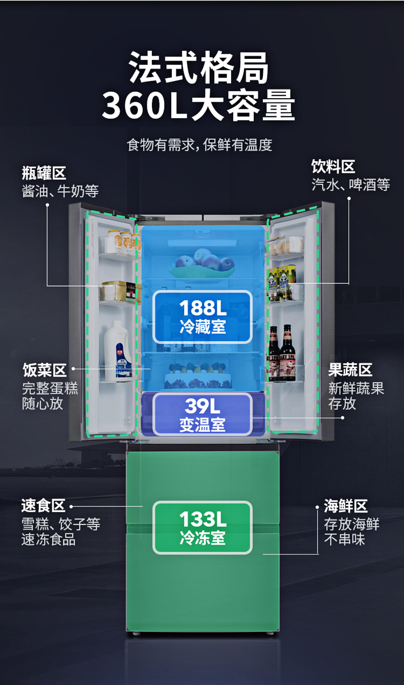 美菱 风冷 一级能效 法式开多门冰箱 360L 图4