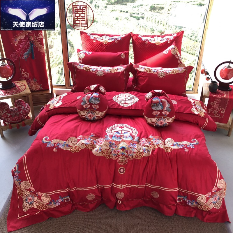 Big red multi-piece set of 100s plush cotton ten-piece set of cotton embroidered bed flag Six-piece set of bedding Mandarin duck happy quilt