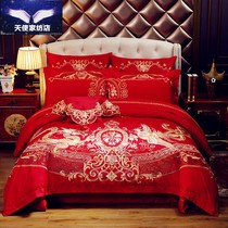 Embroidery Dragon and Phoenix four-piece set 100 large red hijab six-piece bed hats high-density embroidered cotton ten-piece bedding