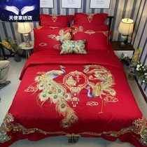 Long suede cotton large red four pieces 100 pieces of nine pieces of pure cotton six pieces of high density embroidered all-cotton bed