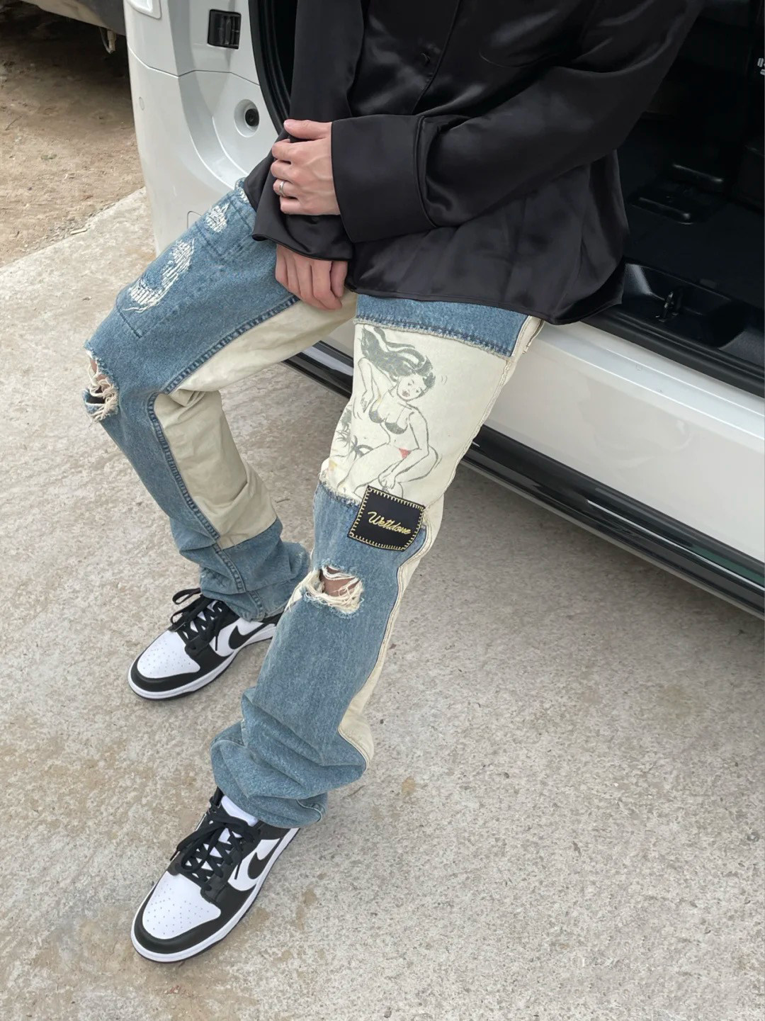 We11done 21SS new high street surf stitching hole patch to make old men's and women's straight jeans