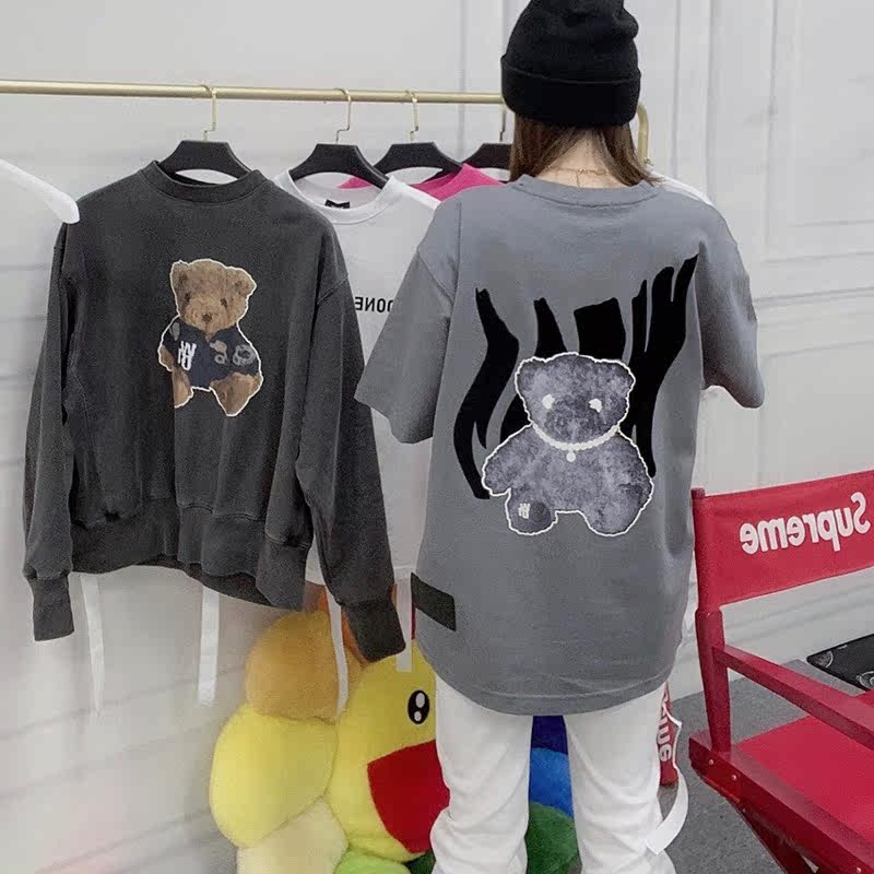 WE11DONE 21PS T-shirt men and women couple models loose dark velvet stitching luminous bear short sleeves