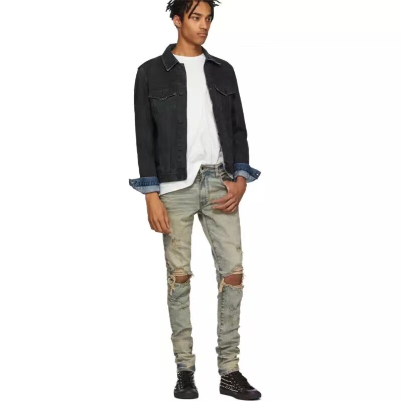 New trendy brand Luo Zhixiang with the same style Amiri 21SS yellow mud to make old double knee hole slim-fit jeans
