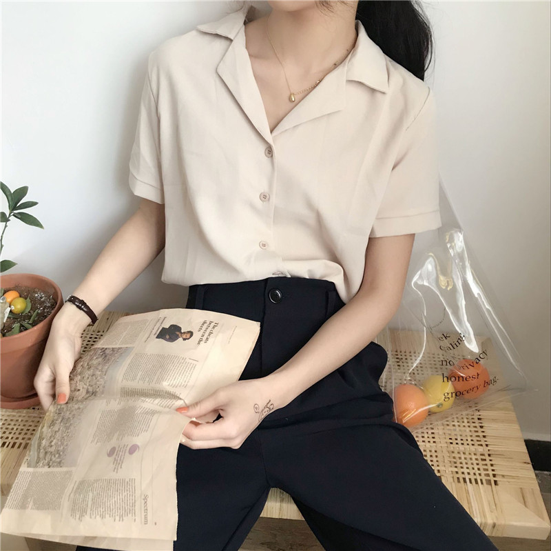 Mùa hè mới của phụ nữ phiên bản Hàn Quốc của bộ đồ thoải mái khí chất hoang dã sang trọng cổ áo sơ mi voan tay ngắn sơ mi cổ trụ