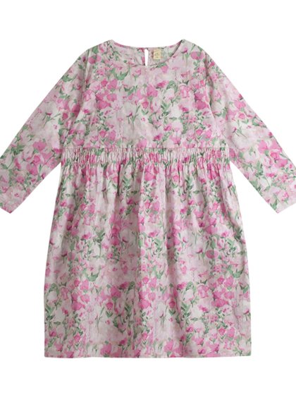 蔡爸爸童装文艺2025春装全棉碎花长袖连衣裙女童粉红花裙子1239