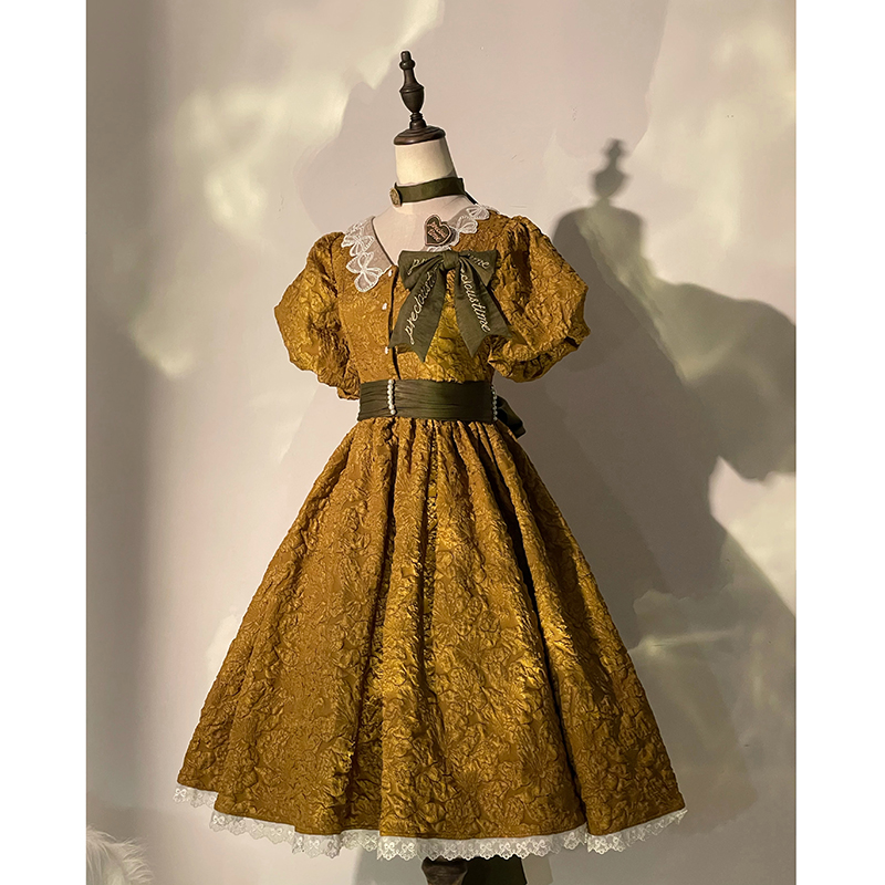 V-neck Ginger OP + Four Small Items (Final)【 Balance 】 ZJ Auxiliary line .Souther   Genuine original Gilding years French relief puff sleeve Dress