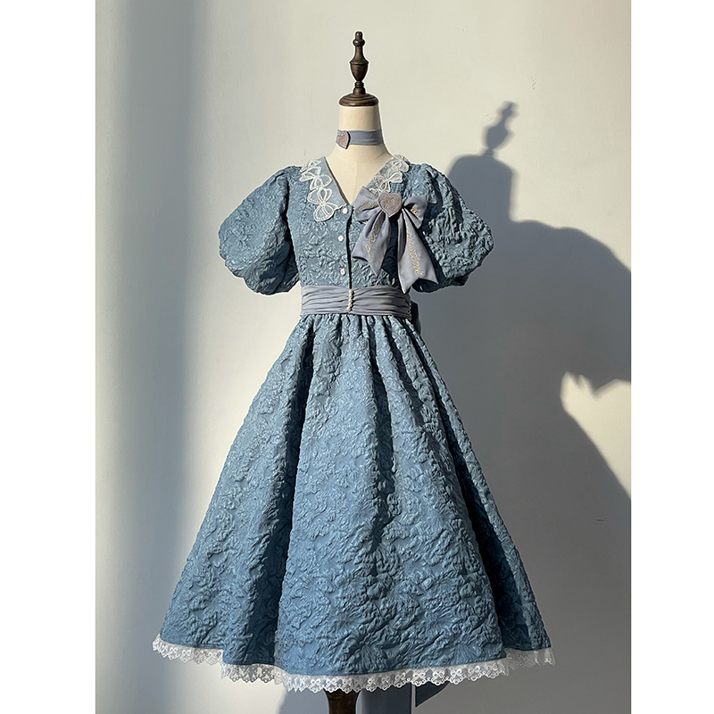 V-neck Blue OP + Four Small Items (Final)【 Balance 】 ZJ Auxiliary line .Souther   Genuine original Gilding years French relief puff sleeve Dress