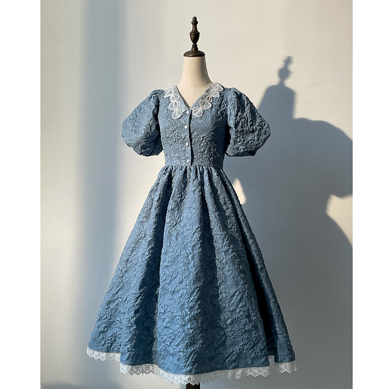 V-neck Blue Op (Final)【 Balance 】 ZJ Auxiliary line .Souther   Genuine original Gilding years French relief puff sleeve Dress