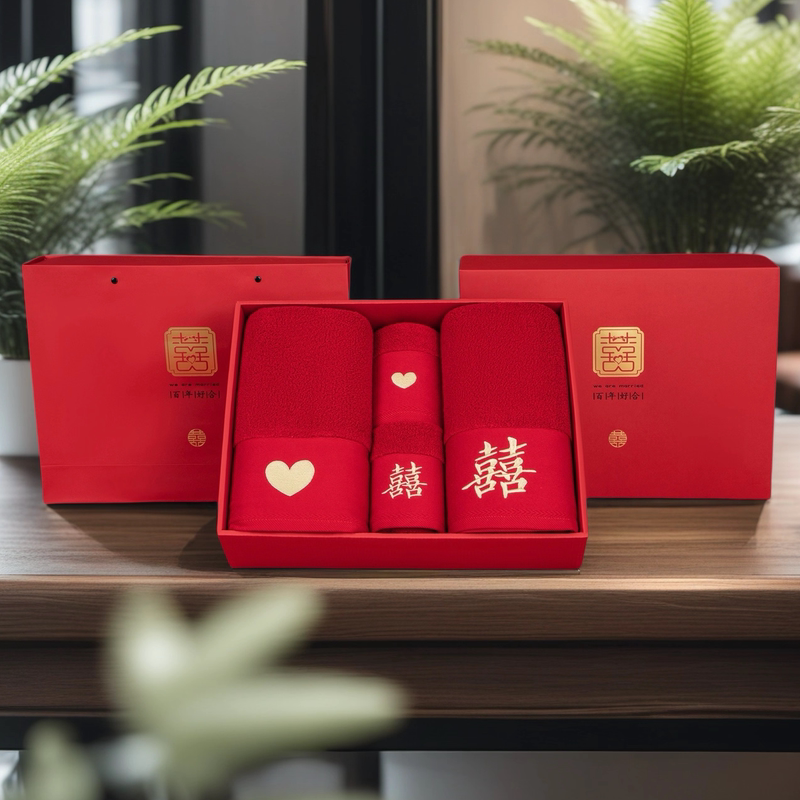 [Category A, Maternal and Infant Grade] Pure Cotton Wedding Red Bath Towel Set of 4 in Gift Box, Wedding Dowry, Ximeng Home Textiles