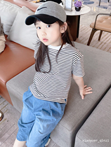 Girls three-color striped T-shirt black and white striped refreshing summer T childrens thin top 22 spring and summer new
