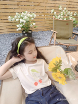 Embroidered letters Fluorescent Cherry T-Shirt Girl Summer Thin pure cotton T-shirt Children pure white T-blouse