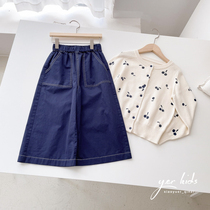Girls navy blue twill washed jeans childrens spring and summer cropped wide-leg pants flared culottes 22 new
